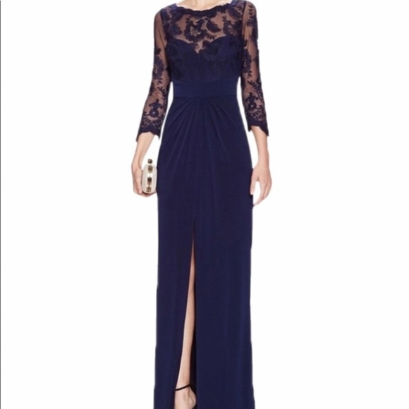Monique Lhuillier Dresses & Skirts - Monique Lhuillier Navy lace illusion yoke gown